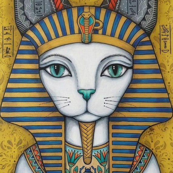 Egyptian Cat Pharaoh Art Print – Bastet Royal Portrait, Ancient Gold Wall Art (Digital Download) by CatmosPrints