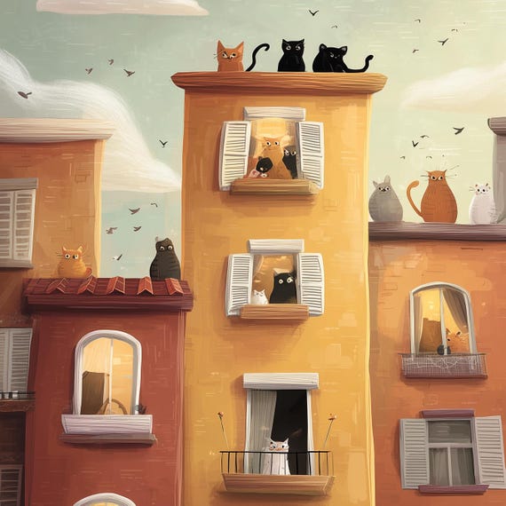 Storybook Cat City Wall Art – Tall Houses with Curious Cats, Cozy Nursery Illustration Printable by CatmosPrints