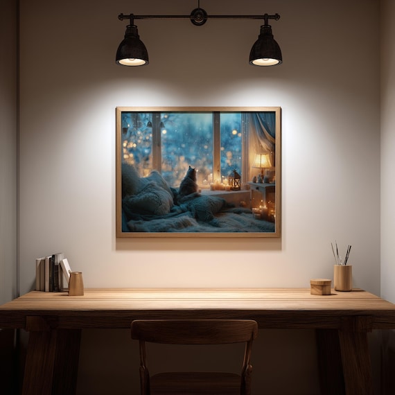 Cozy Winter Window Cat Art Print – Hygge Evening Scene, Warm Candlelight, Snowy (Digital Download) by CatmosPrints
