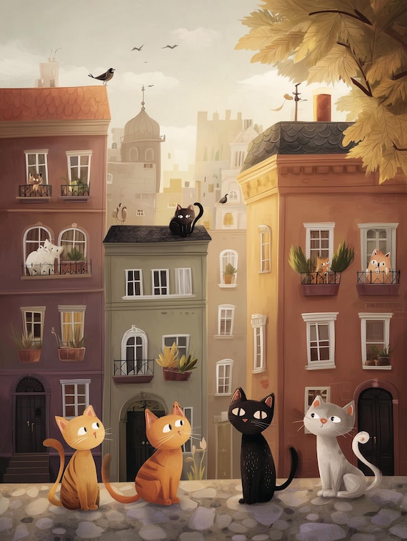 Whimsical Cat City Wall Art Print – Cozy European Town Illustration with Cats, Nursery & Living Room Decor by CatmosPrints