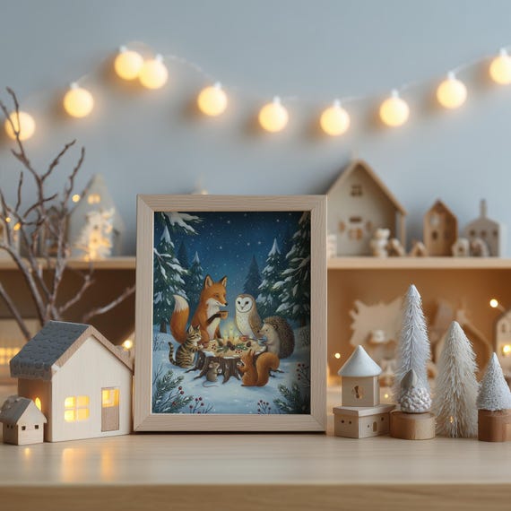 Winter Woodland Animal Art Print – Cozy Forest Gathering (Digital Download) by CatmosPrints