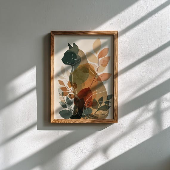 Earth Cat Print: Boho Minimalist Line Art, Olive & Terracotta Portrait (Digital Download) by CatmosPrints