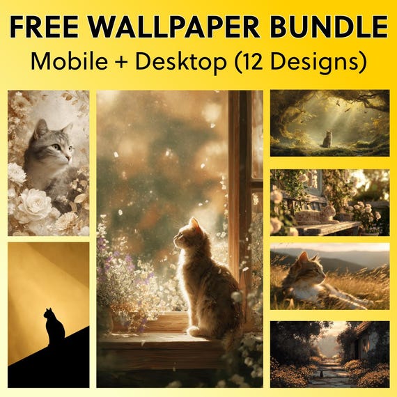 Free Cat Wallpapers – Cottagecore Golden Cat Art for Mobile & Desktop | Esthetic Cozy Backgrounds by CatmosPrints