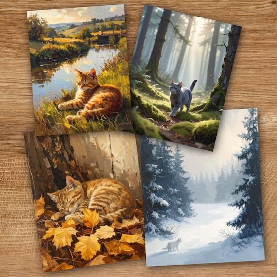 Seasons of Whiskers – 4-Season Cat Art Bundle | Autumn Winter Summer | Digital Download Set by CatmosPrints