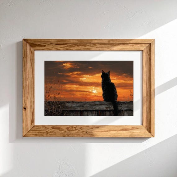 Evening Glow – Cat Wall Art Set (Landscape + Portrait) | Vintage Sunset Painting | Digital Download Print by CatmosPrints