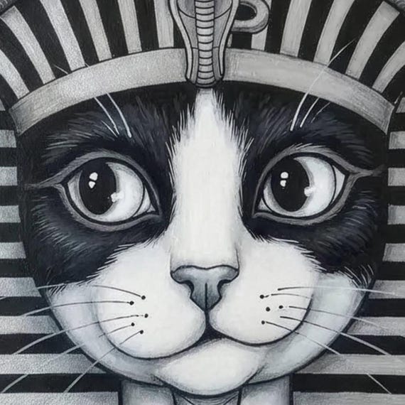 Egyptian Pharaoh Tuxedo Cat Art – Black & White Bastet Portrait, Gold Wall Art (Digital Download) by CatmosPrints