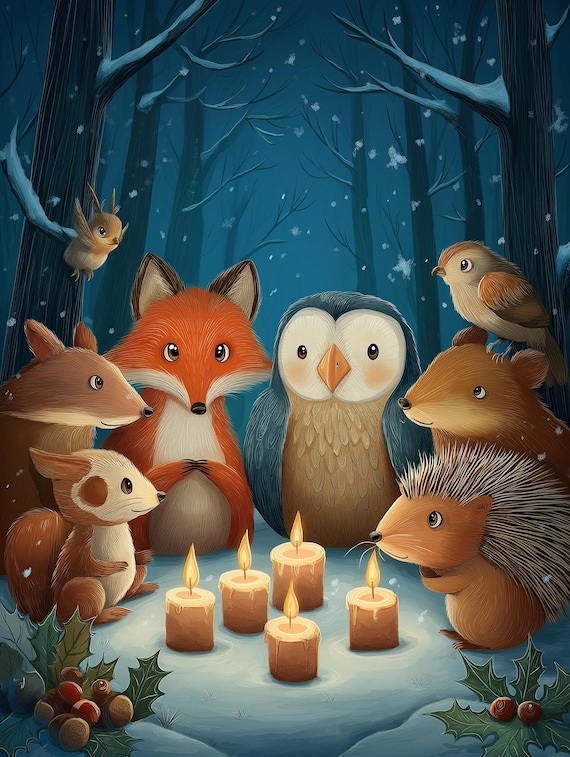 Winter Woodland Picnic Art Print – Cozy Forest Animals Candle Gathering, Whimsical Nursery Wall Art by CatmosPrints