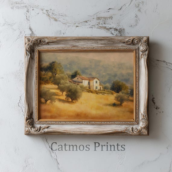 French Hillside Farmhouse Art Print – Golden Olive Grove (Digital Download) by CatmosPrints