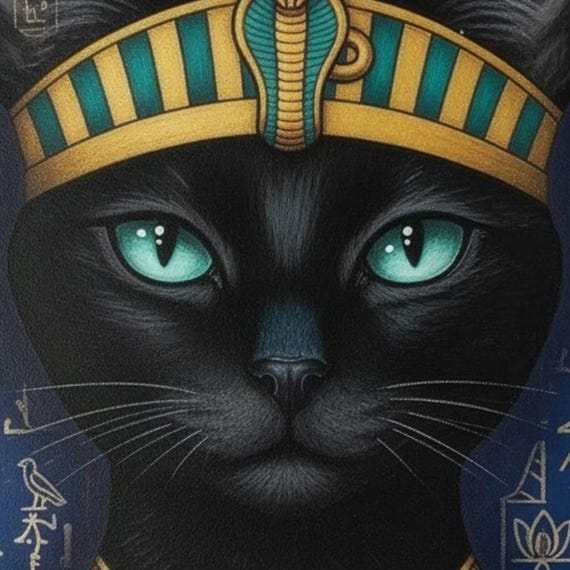 Egyptian Black Cat Pharaoh Art – Night Guardian Portrait, Gold & Teal Wall Art (Digital Download) by CatmosPrints