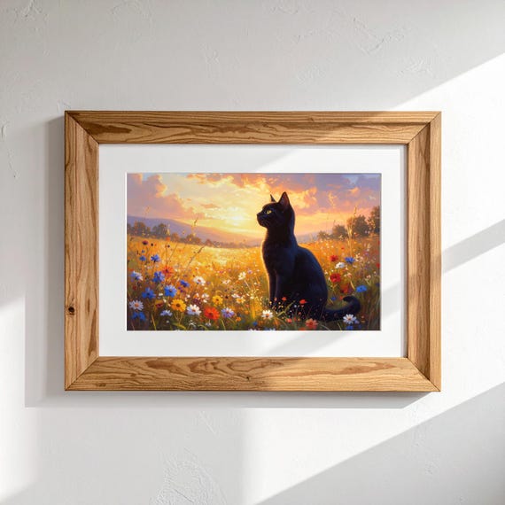 Golden Hour Cat Wildflower Print: Rustic Cottagecore Wall Art (Digital Download) by CatmosPrints