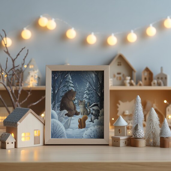 Forest Gathering III – Quiet Snowfall | Calm Woodland Animal Art Print by CatmosPrints