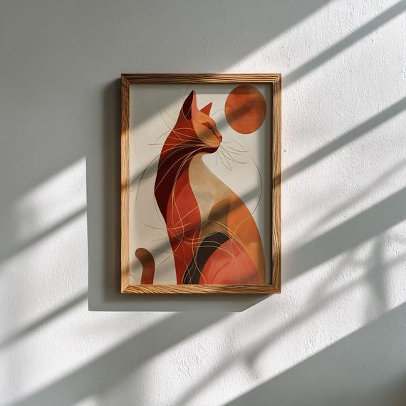 Sun Cat Print: Boho Minimalist Line Art, Terracotta & Beige Portrait (Digital Download) by CatmosPrints