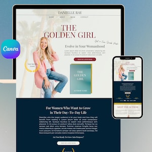 May include: A website design on a laptop and smartphone, featuring a book cover titled "The Golden Girl." The website promotes a book about womanhood, with a photo of a woman in a pink blazer. The Canva logo is visible.