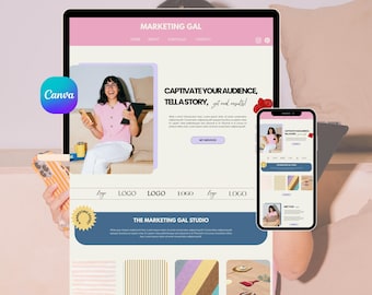 以下が含まれることがあります： タブレットとスマートフォンに表示されたウェブサイトのデザイン。ピンクとクリーム色の配色です。ウェブサイトには「MARKETING GAL」と「CAPTIVATE YOUR AUDIENCE, TELL A STORY, get real results!」というテキストが表示されています。Canvaのロゴも表示されています。