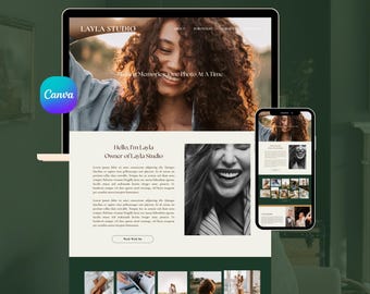 May include: A website design displayed on a laptop and smartphone. The website, "Layla Studio," features a photo of a woman with curly hair. The text "Taking Memories, One Photo At A Time" is visible. A Canva logo is in the corner.