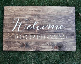 Welcome to our beginning wedding sign, wood wedding sign, guestbook, wooden wedding decor, rustic wedding, hand lettered sign, welcome sign
