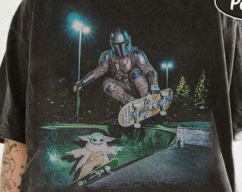 Comfort Colors® Vintage Star Wars Skateboarding Shirt, Disney Mando & Baby Yoda Tee