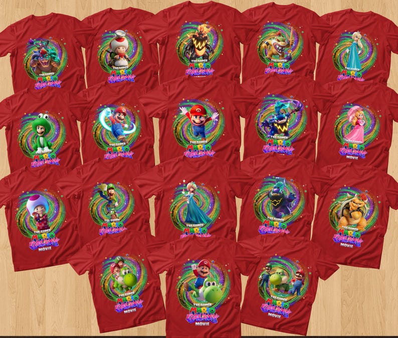 May include: A collection of red t-shirts featuring various characters from The Super Mario Bros. Movie. Each shirt displays a circular, swirling, colorful background graphic behind a specific character and the movie title text in a stylized font.