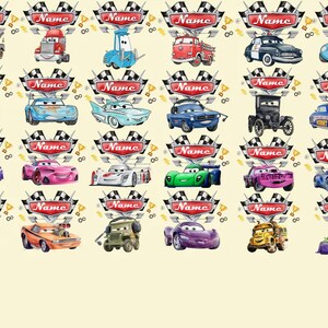 Puede incluir: Una colecci&oacute;n de ilustraciones de personajes de la pel&iacute;cula Disney Cars, cada una con un emblema de bandera a cuadros y una pancarta roja con la etiqueta Name. La esquina inferior derecha presenta un recuadro naranja con el texto: ALL DISNEY CARS MOVIE CHARACTERS ARE AVAILABLE. FOR OTHER DISNEY MOVIES (WINNIE THE POOH, TOY STORY, ETC) PLEASE CONTACT THE SELLER.