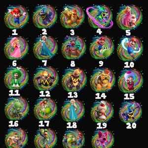 May include: A black grid featuring twenty-four circular icons with colorful galaxy backgrounds, each displaying a different Super Mario character. The text CHOOSE THE NUMBER YOU WANT is at the top, with numbers 1 through 24 below each circular image.