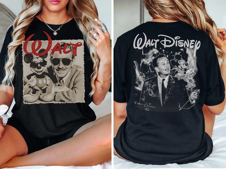 May include: A black t-shirt featuring a front graphic of Walt Disney and Mickey Mouse wearing sunglasses with the red text Walt above them, and a back graphic of Walt Disney with Mickey Mouse and the text Walt Disney printed in white.