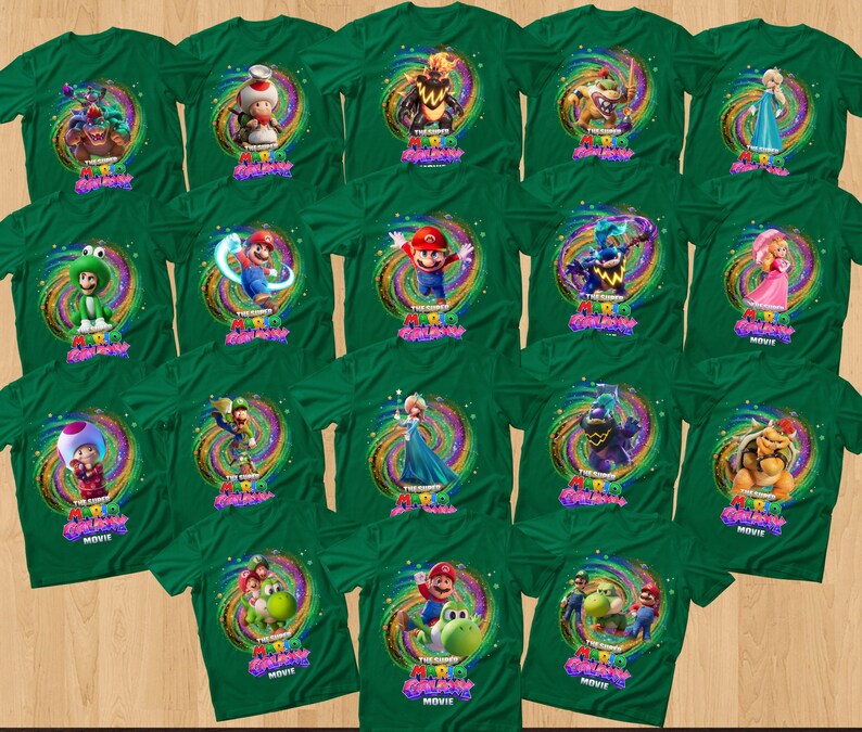 May include: A collection of fifteen dark green t-shirts, each featuring a unique character from The Super Mario Bros. Movie centered within a colorful, swirling cosmic graphic. The text The Super Mario Bros. Movie is printed below each character.