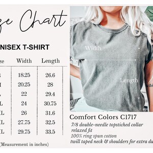 May include: A size chart for a unisex t-shirt featuring a table with sizes S through 4XL and their corresponding width and length measurements in inches. The image includes a grey t-shirt with labels for width and length, plus text details.