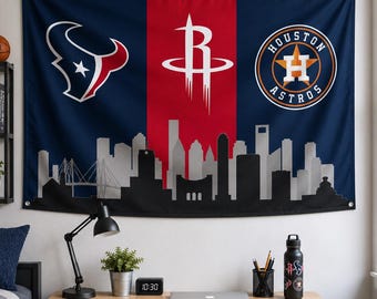 Houston Texans Rockets Astros Flagge | Houston Sports Flagge | Houston Skyline Wand Flagge | Texas Fan Raumdekor | Houston Tapisserie Geschenk
