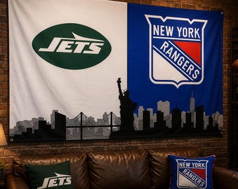 New York Jets Rangers Flag | NYC Skyline Wall Tapestry | New York Sports Fan Decor | Man Cave Banner Gift