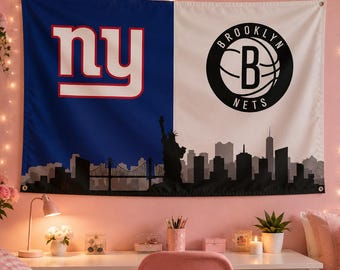 New York Giants Brooklyn Nets Flag | NYC Skyline Wall Tapestry | New York Sports Fan Decor | Man Cave Banner Gift