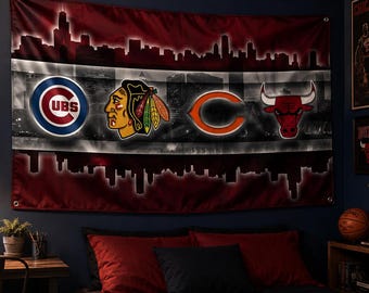 Chicago Sports Flagge Tapisserie - Skyline Bears Cubs Bulls Blackhawks Style Wanddekoration Frat Raum Chicago Flagge
