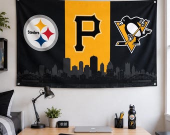 Pittsburgh Sports Flag | Steelers Pirates Penguins Wall Tapestry | Pittsburgh Skyline Man Cave Decor | Pittsburgh Fan Gift