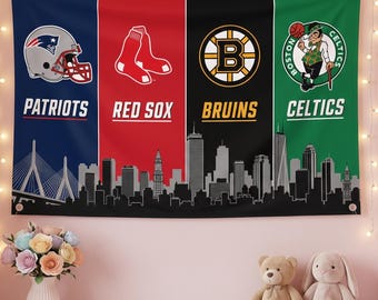Boston Sports Flag | Boston Four Team Wall Flag | Boston Fan Tapestry | City Sports Banner | Boston Sports Decor Gift