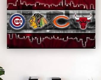 Chicago Sports Flag Tapestry – Skyline Bears Cubs Bulls Blackhawks Style Wall Decor Frat Room Chicago Flag
