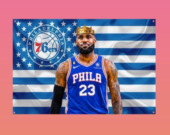 LeBron James Philadelphia 76ers Blue White Flag | Philly Basketball Wall Flag | LBJ Sports Tapestry | Fan Room Decor Gift
