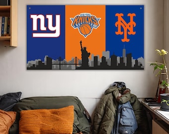 New Yorker Sportflagge | Wandteppich mit Giants, Knicks und Mets | Dekoration für NYC-Sportteams | Flagge mit New Yorker Skyline | Geschenk für Sportfans