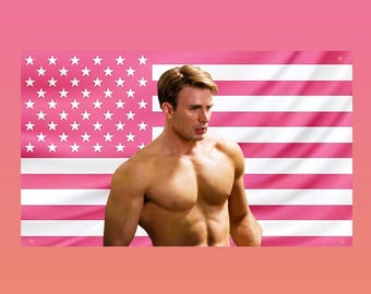 Chris Evans Flag Captain America Pink US Flag Aesthetic Wall Banner | Frat Room Decor Hot Superhero Wall Art Gift