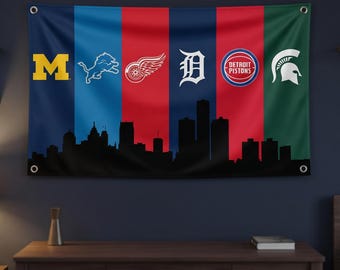 Detroit Sports Teams Flag Michigan Teams Tapestry Detroit Skyline Flag Pistons Lions Red Wings Tigers Wall Decor