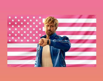 Rayan Gosling Flagge, rosa Wandteppich mit amerikanischer Flagge, Filmdarsteller-Wanddekoration, ästhetische Wohnheim-Raum-Flagge
