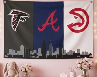 Atlanta Sports Teams Flag, Falcons Braves Hawks Wall Flag, Atlanta Skyline Tapestry, Georgia Sports Room Decor Fan Gift