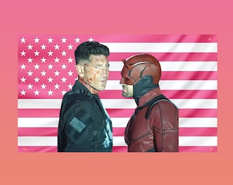 Daredevil & Punisher US Flag, Matt Murdock Pink Tapestry, Born Again Wall Decor, Marvel Frat Room Flag, Fan Gift