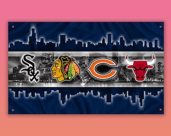 Chicago-Sportflagge | Wandteppich mit Motiven der White Sox, Blackhawks, Bears und Bulls | Blaue Chicago-Skyline als Dekoration für Sportzimmer | Fan-Geschenk