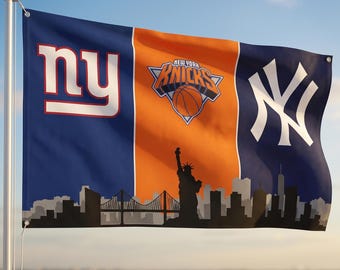 New York Giants Knicks Yankees Flag | NYC Skyline Sports Flag Wall Tapestry | New York Fan Decor | Man Cave Gift Banner