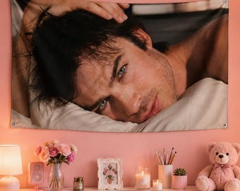 Damon Salvatore Pink Flag | Ian Somerhalder Wall Flag | Vampire Diaries Tapestry | Hot Celebrity Room Decor | TV Show Fan Gift