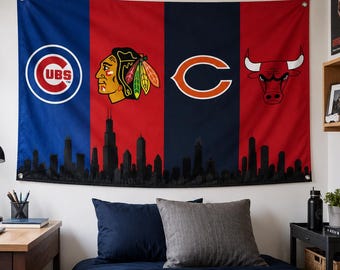 Chicago Sportflagge, Cubs Bears Bulls Blackhawks Banner, Chicago Skyline Wanddekoration, Sportfan Geschenk, Männerhöhle Wandbehang
