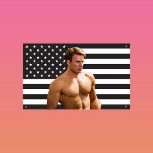 May include: A muscular person stands in front of a black and white American flag. The flag has white stars on a black background in the upper left corner and black and white stripes. The background is a gradient of pink and orange.