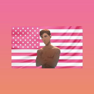 Könnte beinhalten: Eine rosa amerikanische Flagge mit weißen Sternen und Streifen. Eine Illustration einer Person mit braunen Haaren und Haut steht vor der Flagge, die Arme verschränkt.