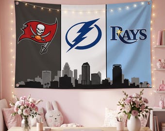 Tampa Bay Sports Flag, Buccaneers Lightning Rays Wall Flag, Tampa Skyline Tapestry, Florida Sports Room Decor Fan Gift