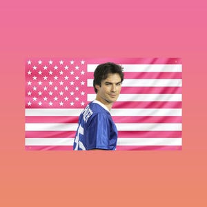 May include: A person wearing a blue football jersey with the name "Somer" on the back, posing in front of a pink American flag. The flag has pink stripes and white stars. The background is a gradient of pink and orange.