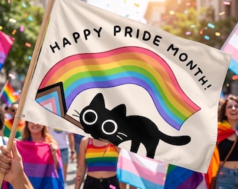 Happy Pride Month Katzenflagge, LGBTQ Pride Flagge, Trans Katzen Wanddeko, Regenbogen Katze Wanddekor, Niedliches Pride Zimmerdekor, LGBTQ Geschenk